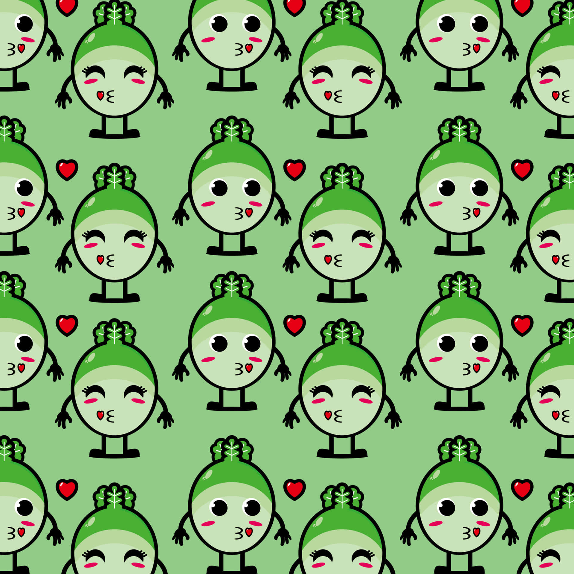 Kawaii Characters 桌布 壁紙 — 淺綠色背景上，帶有心形和眨眼眼睛的可愛綠色西蘭花角色的重複圖案。