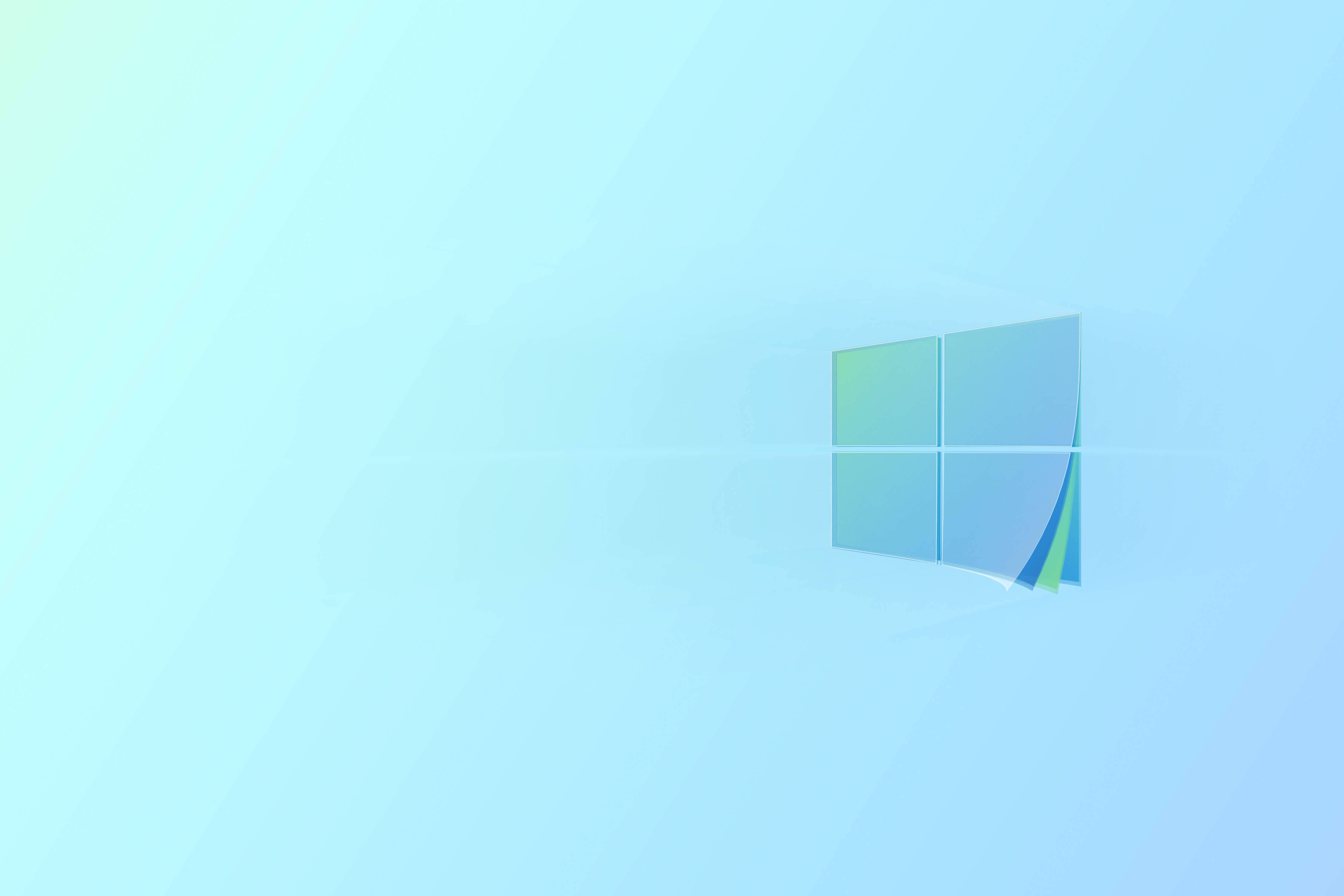 淺色 Windows 10 高清 壁紙 — 一個極簡的Windows標誌漂浮在淺藍色和薄荷綠的柔和漸變背景上，帶有微妙的對角線條紋。