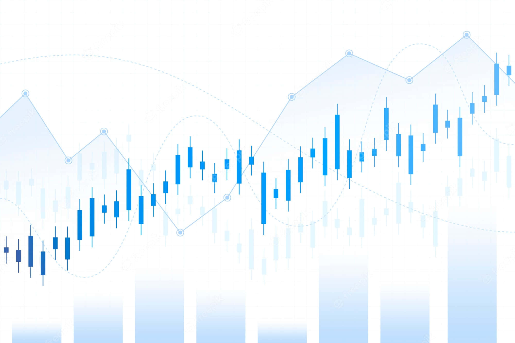 Forex 桌布 壁紙 — 淺色漸變背景上的藍色金融蠟燭圖，帶有趨勢線。