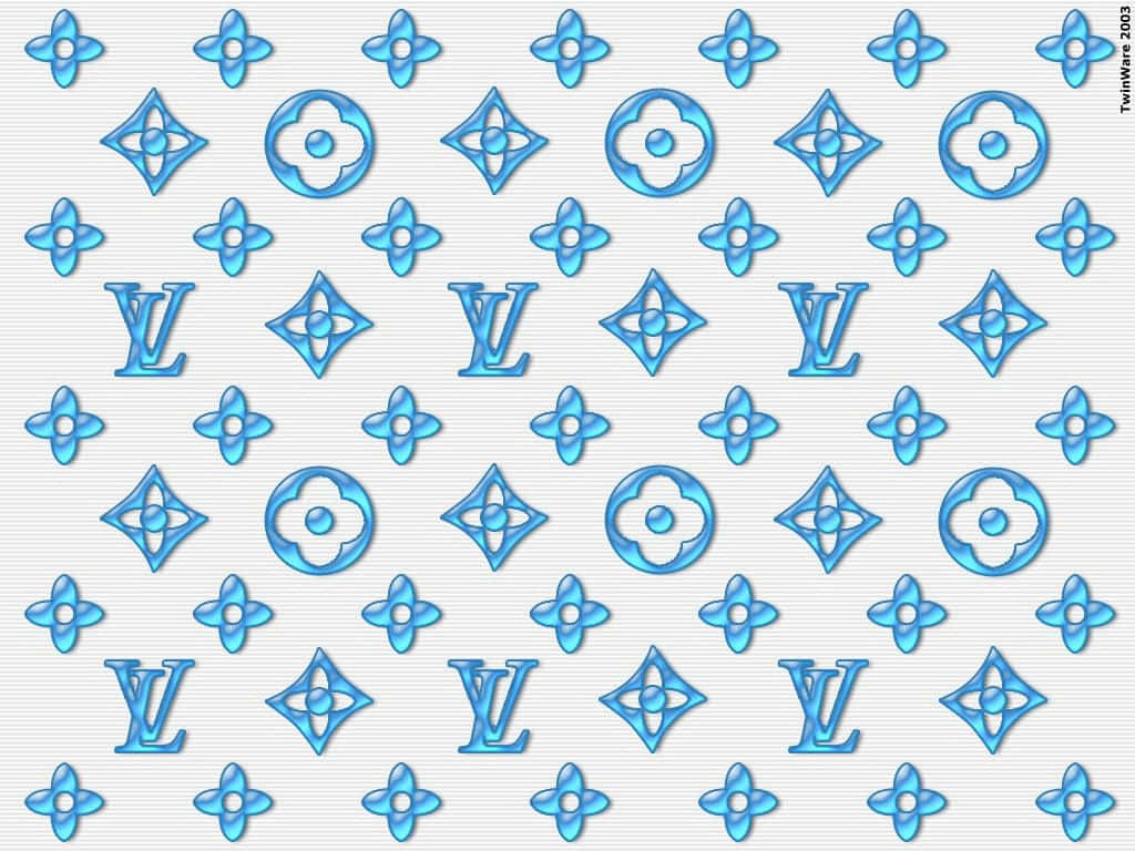 在紋理灰色背景上的藍色 Louis Vuitton 字母組合圖案。