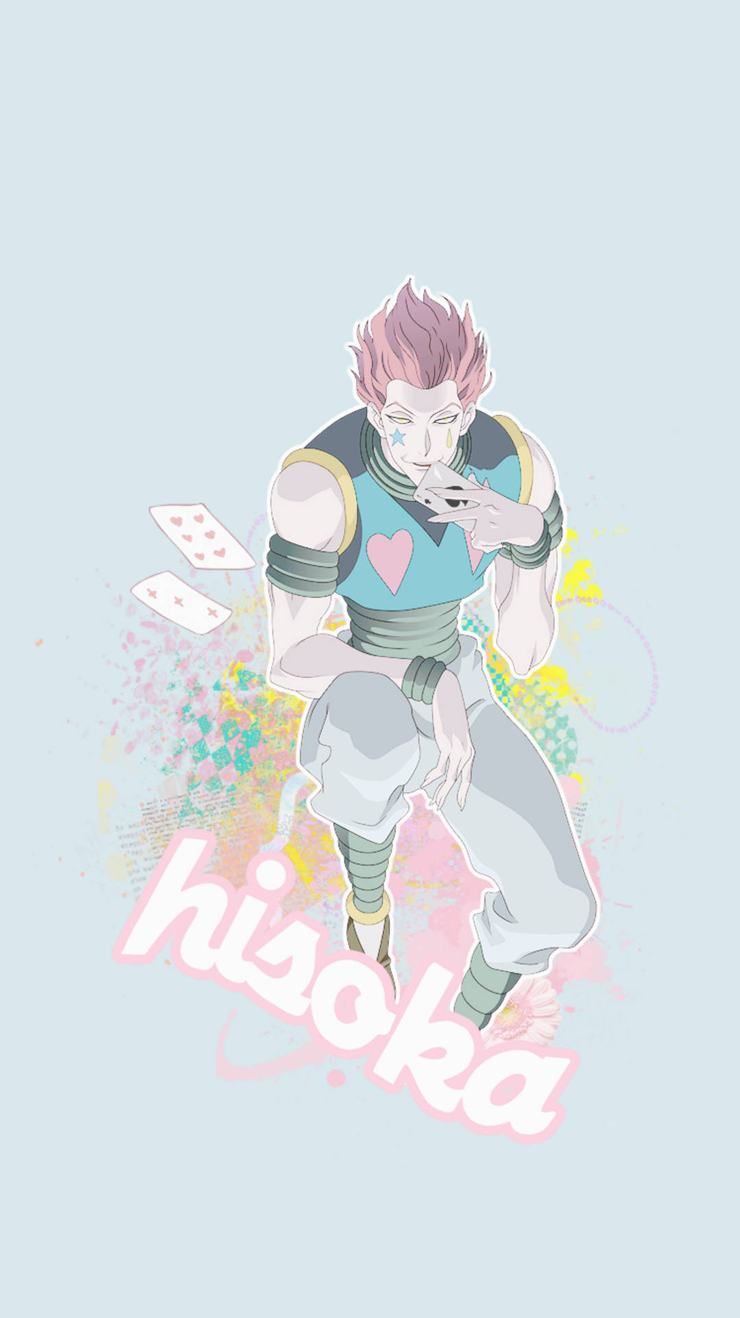 動漫角色 Hisoka 擁有粉紅色頭髮和心形主題服裝，自信地擺姿勢。
