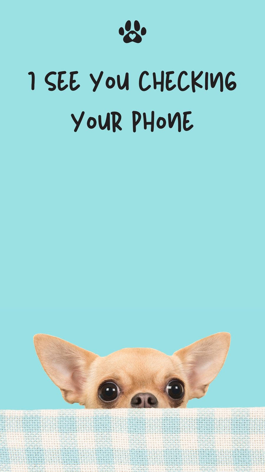 芝娃娃從毛氈上探頭，附有文字「I SEE YOU CHECKING YOUR PHONE」