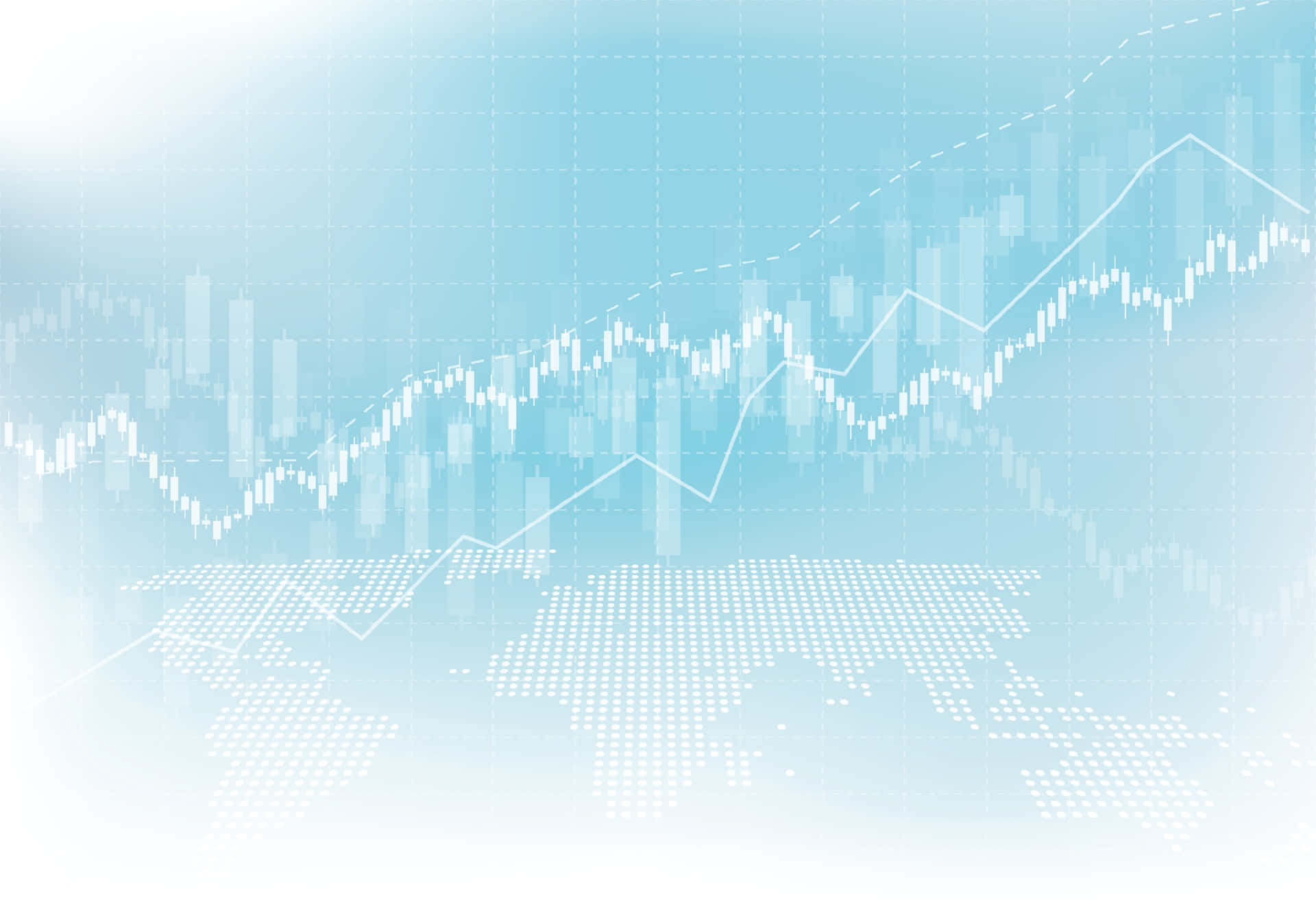Stock Market 桌布 壁紙 — 淺藍色數碼背景，帶有白色金融蠟燭圖和由點組成的世界地圖。
