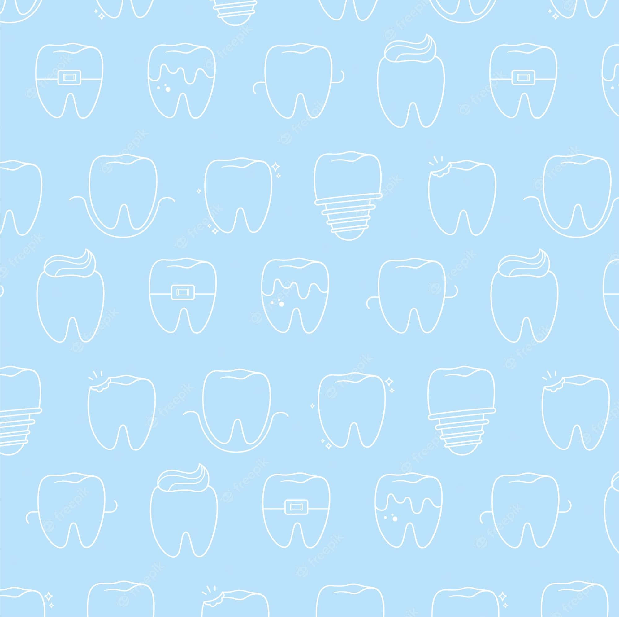 Tooth 桌布 壁紙 — 淺藍色背景，重複出現各種牙齒狀況和治療的白色線條圖案，包括蛀牙、牙套、植牙和牙膏。