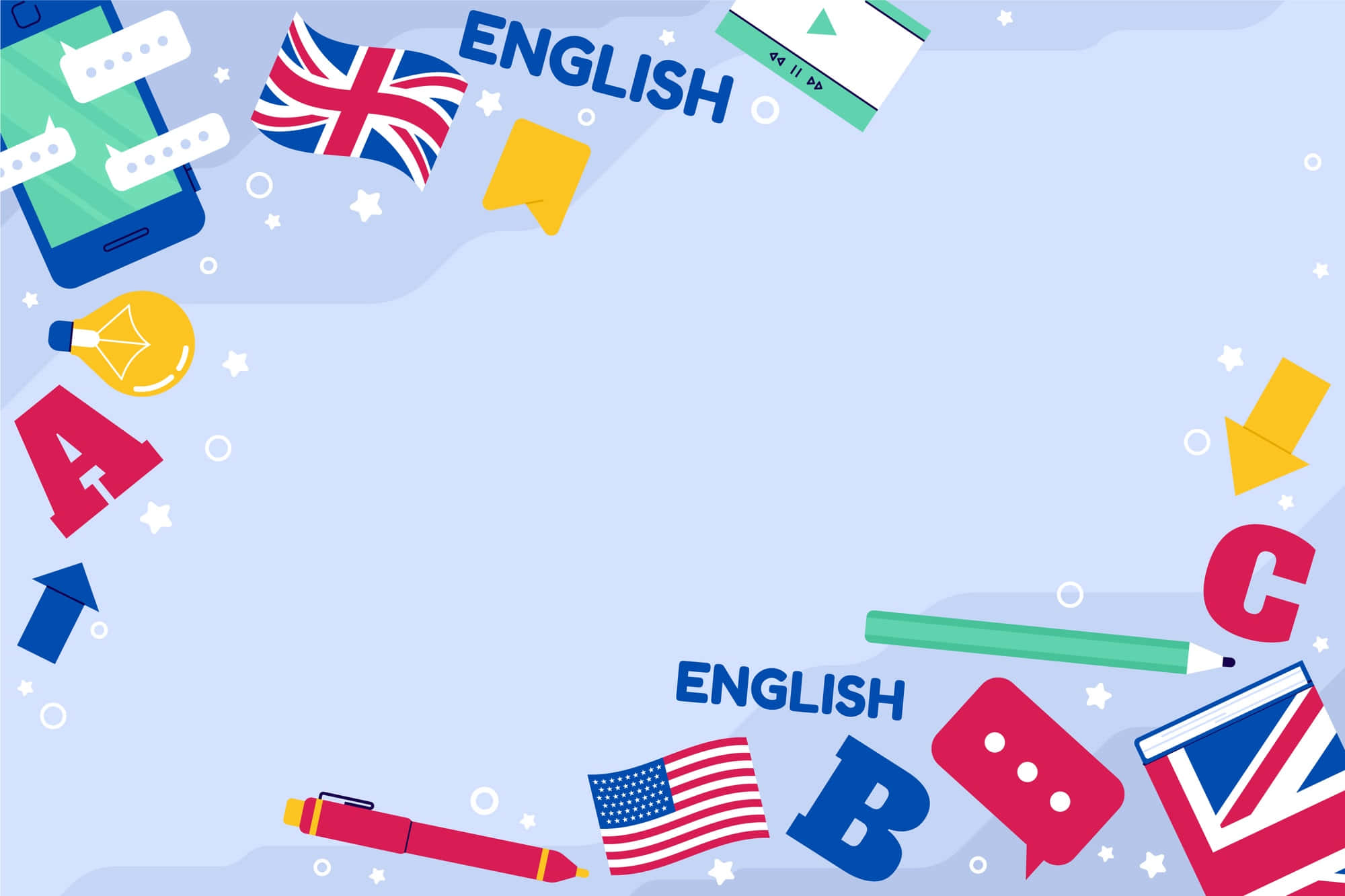 English 桌布 壁紙 — 淺藍色背景，飾有色彩繽紛的英語學習圖標，包括旗幟、筆和對話框。