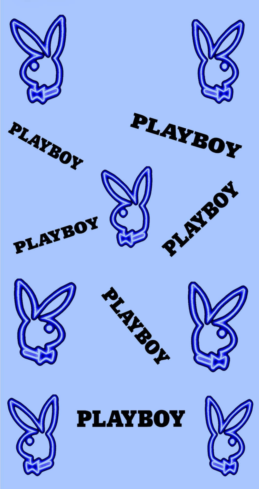 Playboy Aesthetic 桌布 壁紙 — 淺藍色背景上的藍色霓虹燈Playboy兔仔標誌和文字圖案。