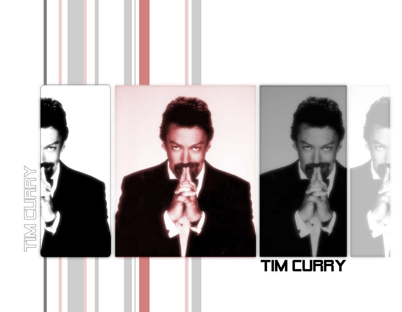 Tim Curry 桌布 壁紙 — 添姆·卡瑞穿著西裝，雙手合攏放在嘴上，呈現於黑白肖像三聯畫中，帶有粉紅和灰色條紋。