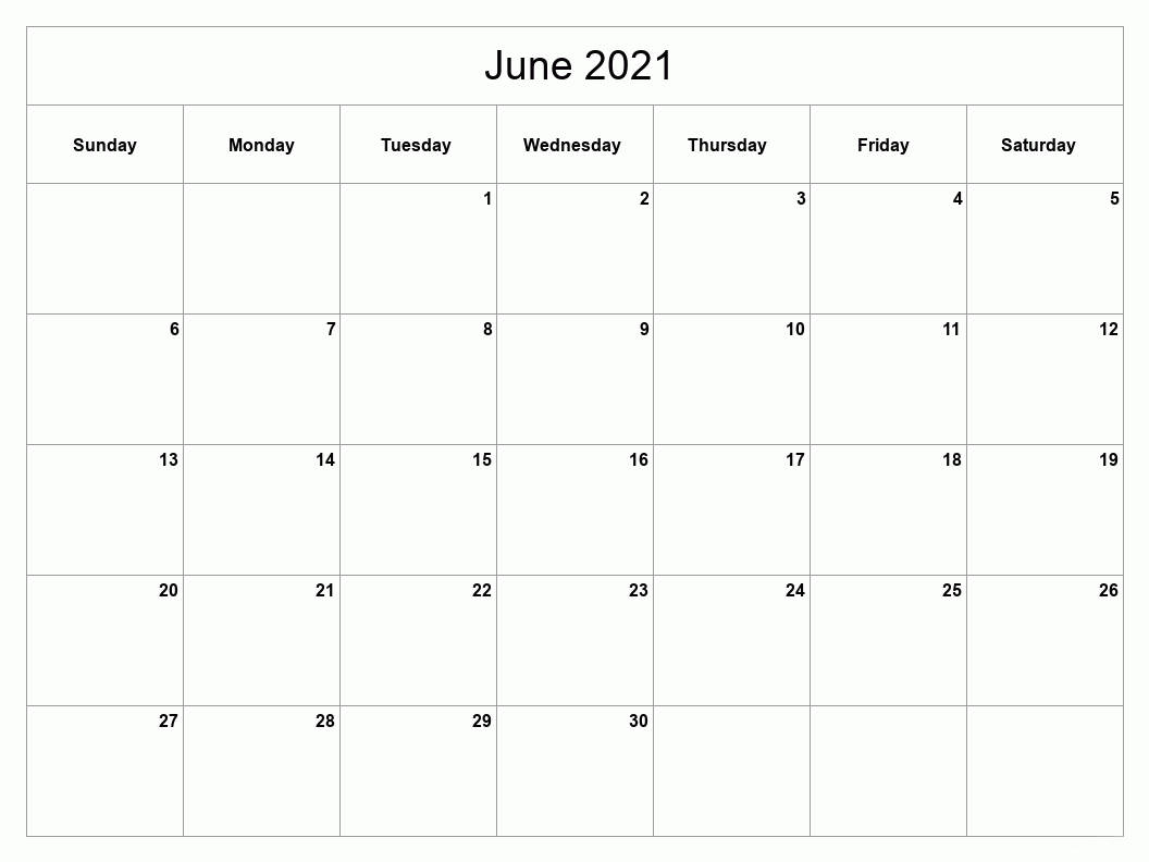 空白2021年6月日曆，包含星期和編號日期。
