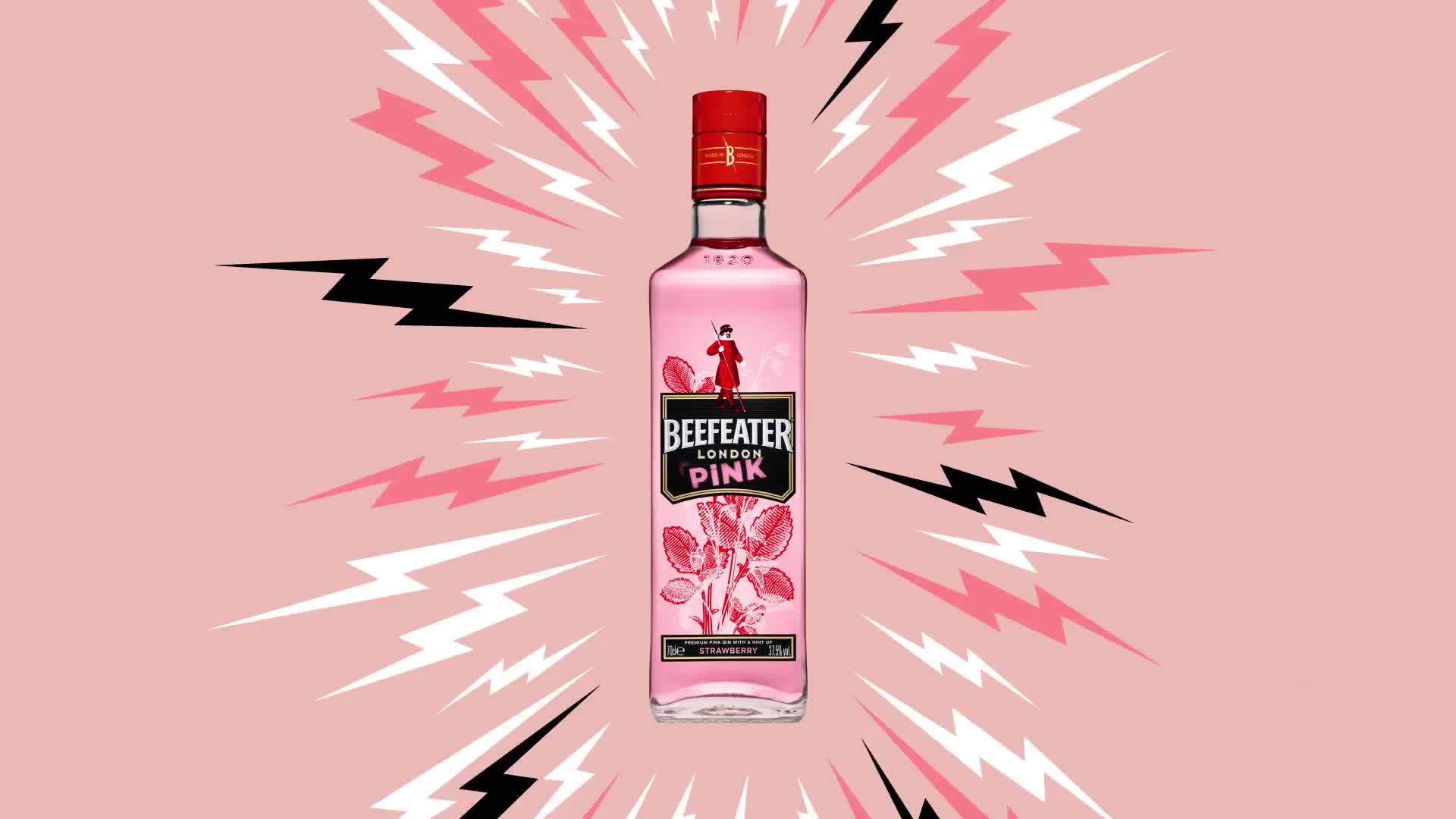 清新Beefeater粉紅金酒 壁紙 — 一個粉紅色的 Beefeater London Pink 氈酒瓶，置於柔和的粉紅色背景中央，周圍有醒目的黑白閃電向外放射。