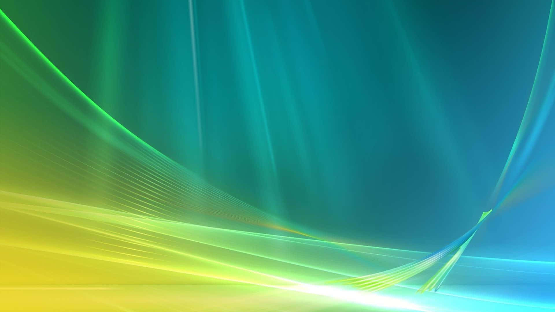 清新乾淨的 Windows 預設背景 壁紙 — 充滿活力的抽象光束，以綠色、黃色和藍色對角流過漸變背景。