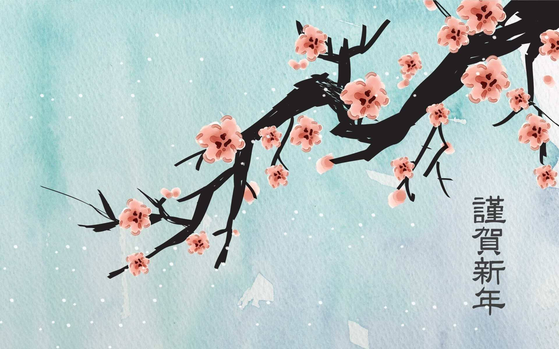 帶有粉紅色花朵的櫻花枝條和農曆新年祝福，藍色水彩背景上有雪。