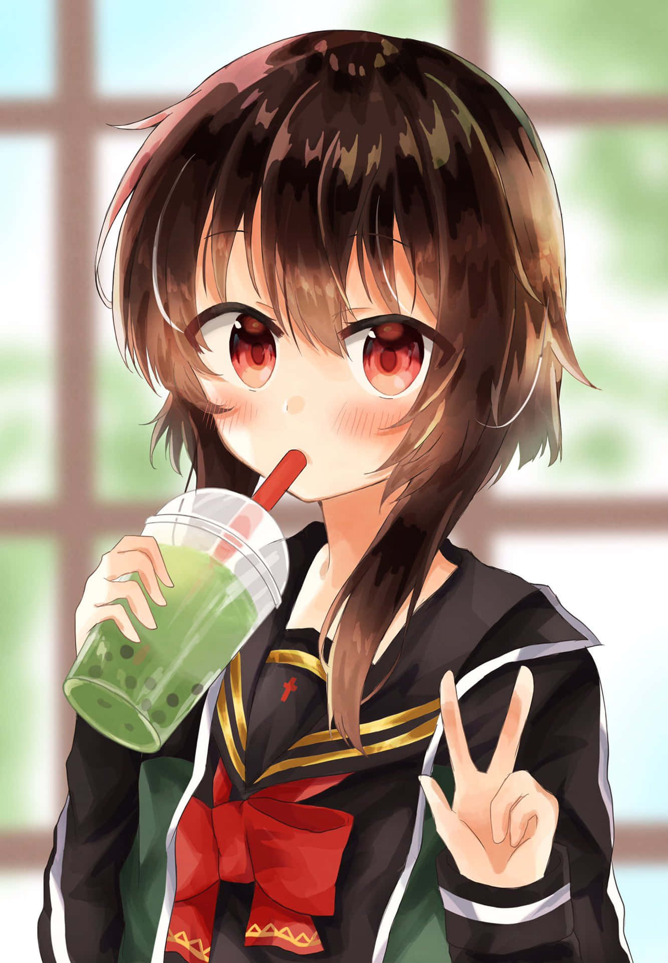 穿著校服的動漫女孩喝著綠色珍珠奶茶並比出和平手勢。