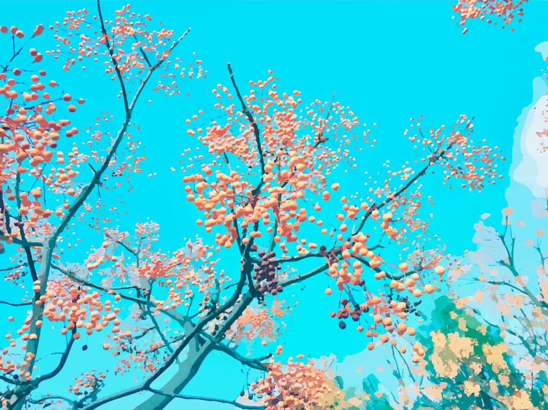 在數位藝術風格中，橙色漿果掛在樹枝上，背景是明亮的青色天空。