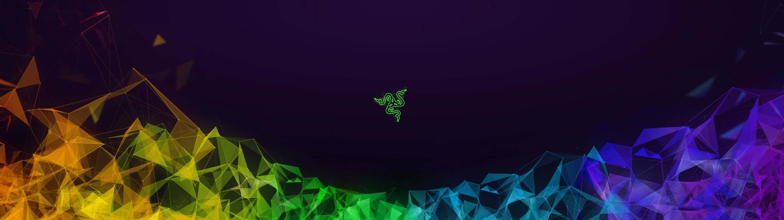 抽象幾何彩虹三角形，在深色背景上帶有發光的Razer標誌。