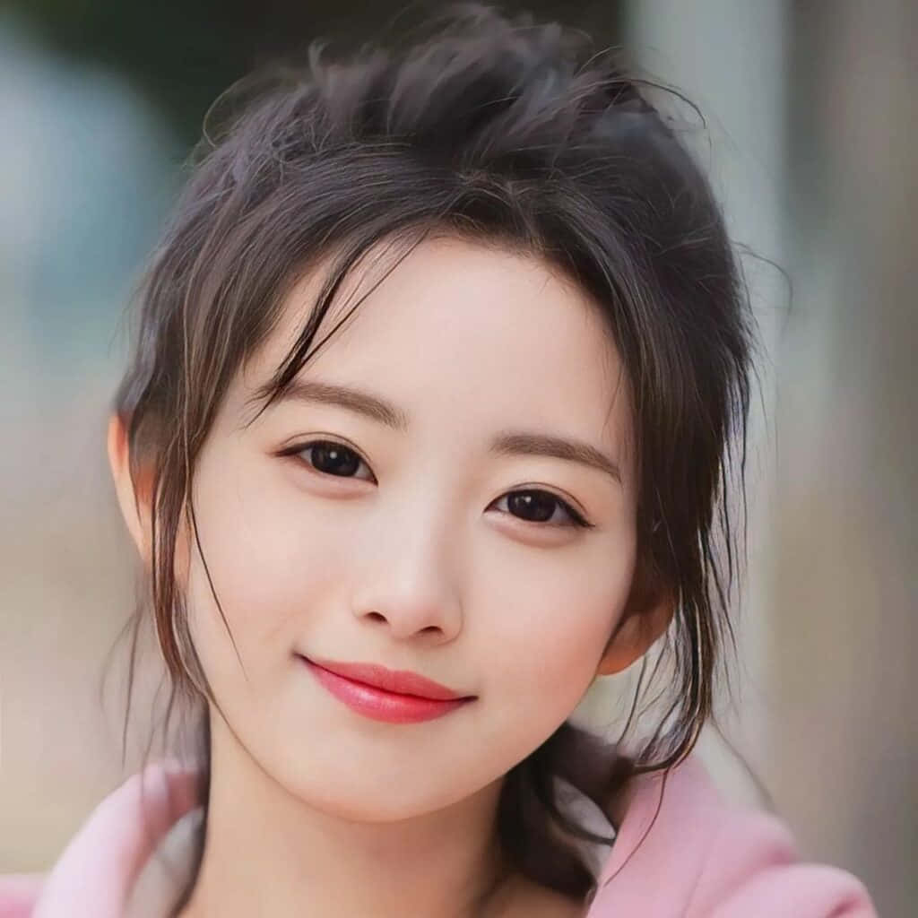 清新綠意中的可愛女孩 壁紙 — 一位深色頭髮、帶著溫柔微笑的年輕女性穿著粉紅色連帽衫的特寫肖像。