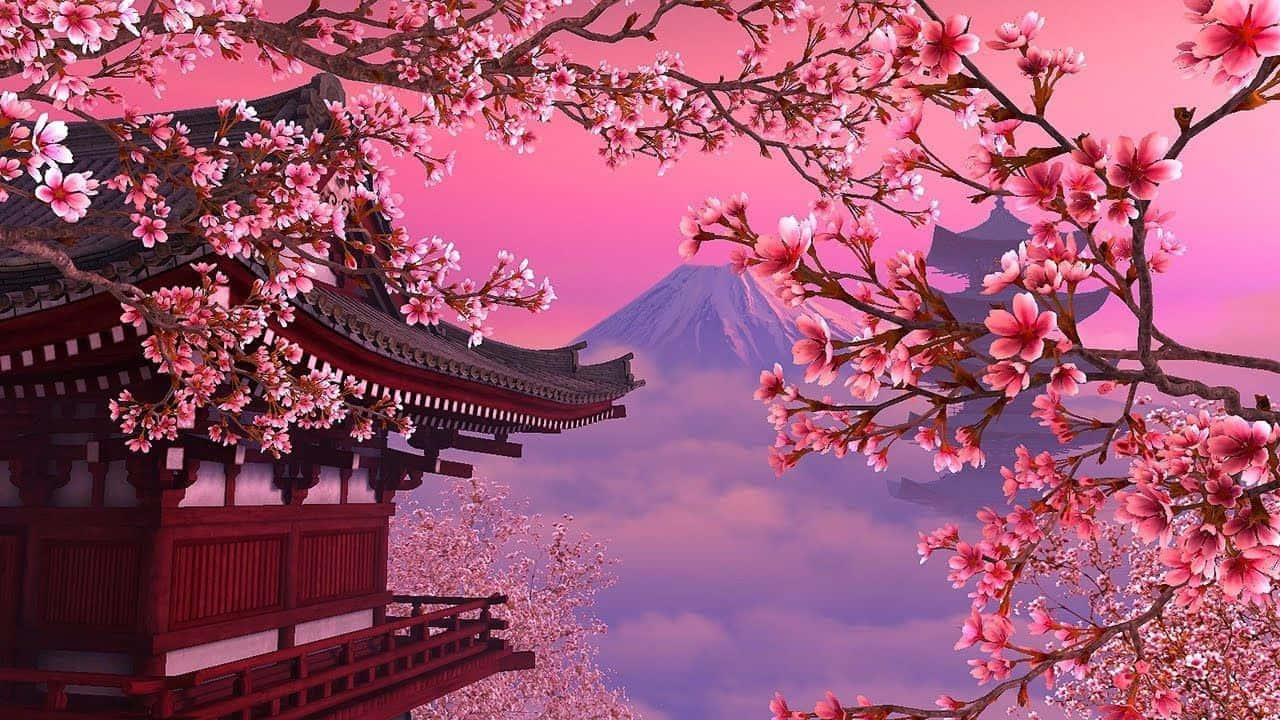 清新鮮明的粉紅動漫藝術 壁紙 — 傳統日本寺廟被盛開的櫻花環繞，遠方富士山在粉紅天空下若隱若現。