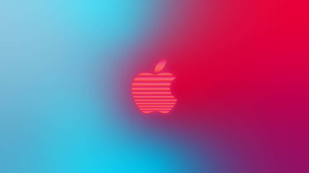 發光的Apple標誌，帶有水平條紋，位於藍色到洋紅色的漸變背景上。