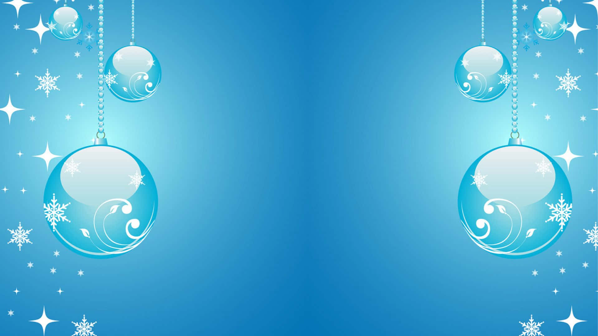 清晰藍色PowerPoint簡報模板 壁紙 — 閃爍的藍色玻璃飾品帶有雪花漩渦，懸掛在點綴著閃爍星星和雪花的漸變藍色背景上。
