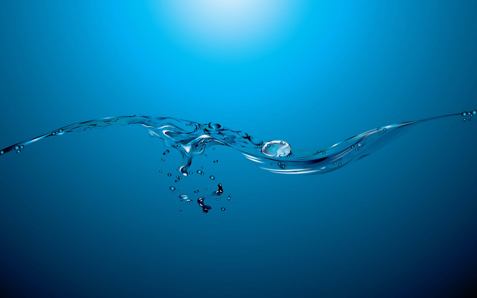 水下 桌布 壁紙 — 清澈水流的動態弧線在漸變藍色背景上飛濺，水滴懸浮在半空中。