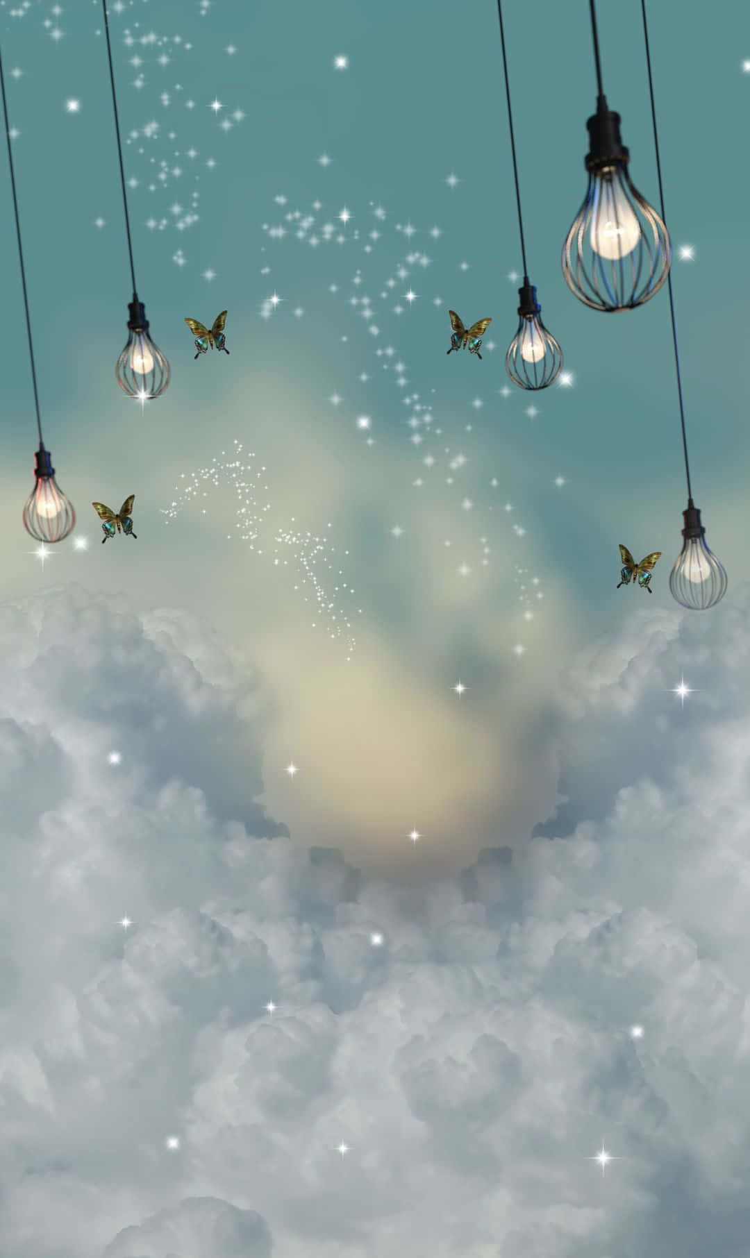 在雲層之上的星空漂浮的燈泡和蝴蝶。