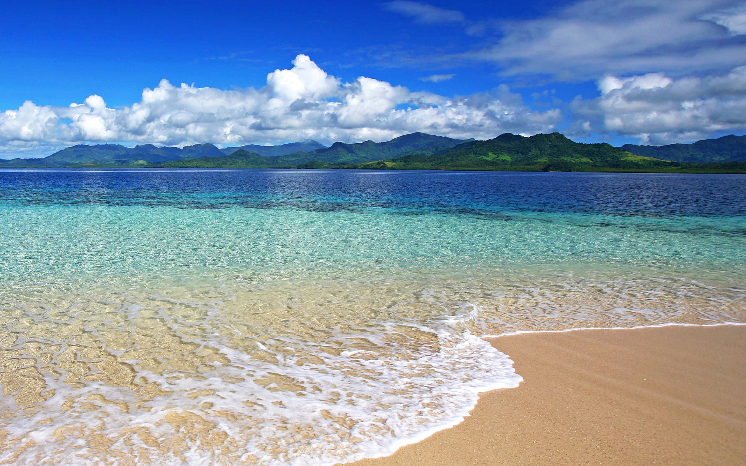 清澈海水沖刷棕黃沙灘海灘主題背景 壁紙 — 清澈的碧綠海浪輕輕拍打著金色沙灘，上方是明亮的藍天和蓬鬆的白雲。