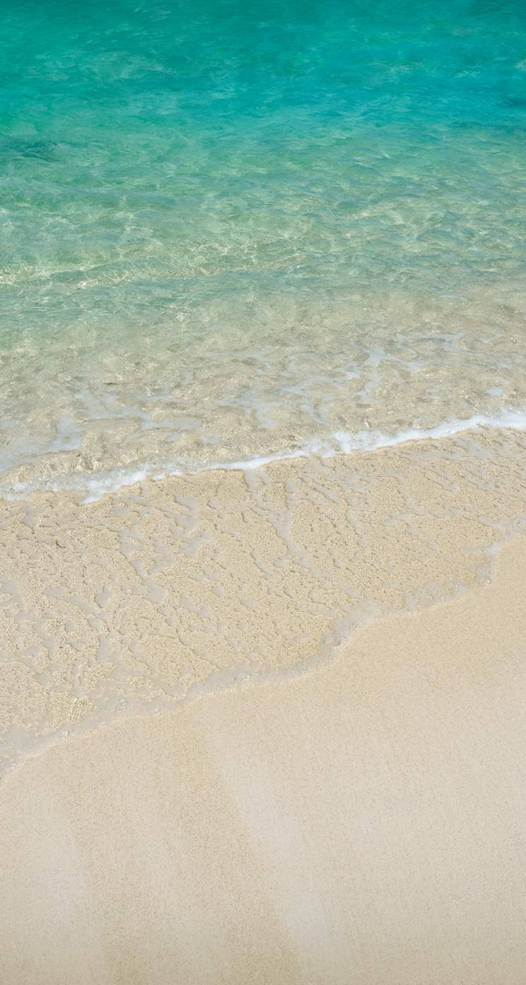 海灘 桌布 壁紙 — 清澈的碧綠海浪輕輕拍打柔軟的金色沙灘，呈現寧靜的熱帶海灘場景。