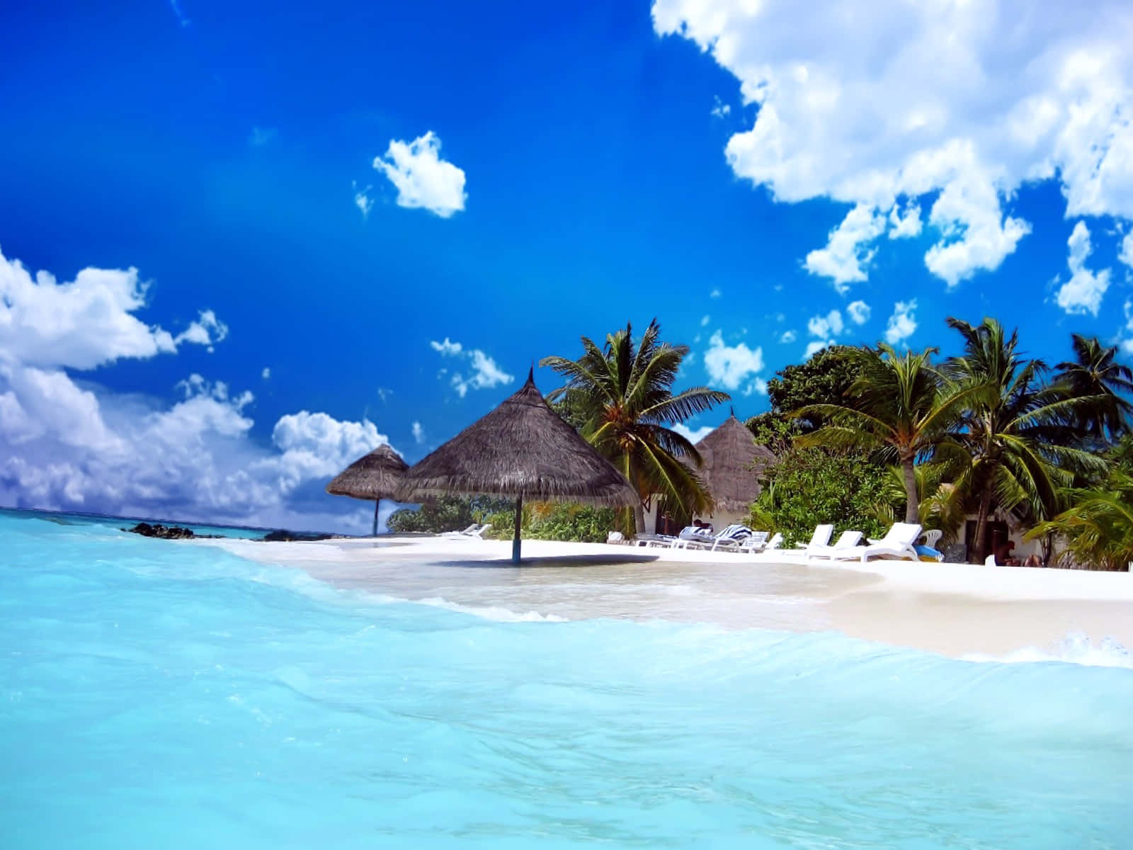 Beautiful Beach 桌布 壁紙 — 清澈碧綠的海水拍打著白色沙灘，沙灘上種滿棕櫚樹和茅草傘，頭頂是湛藍的天空和蓬鬆的白雲。