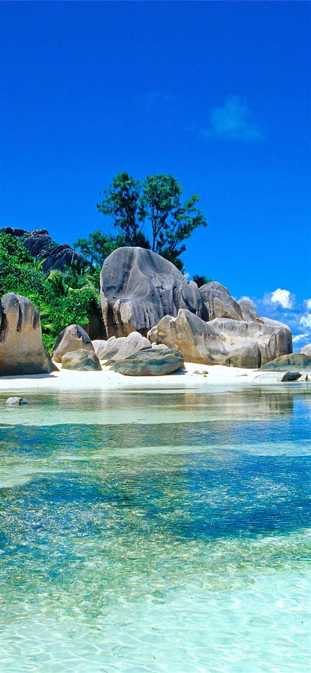 Seychelles Beach 桌布 壁紙 — 清澈碧綠的海水拍打著純淨的白色沙灘，沙灘四周環繞著巨大的花崗岩巨石和茂密的綠樹，上方是湛藍的天空。