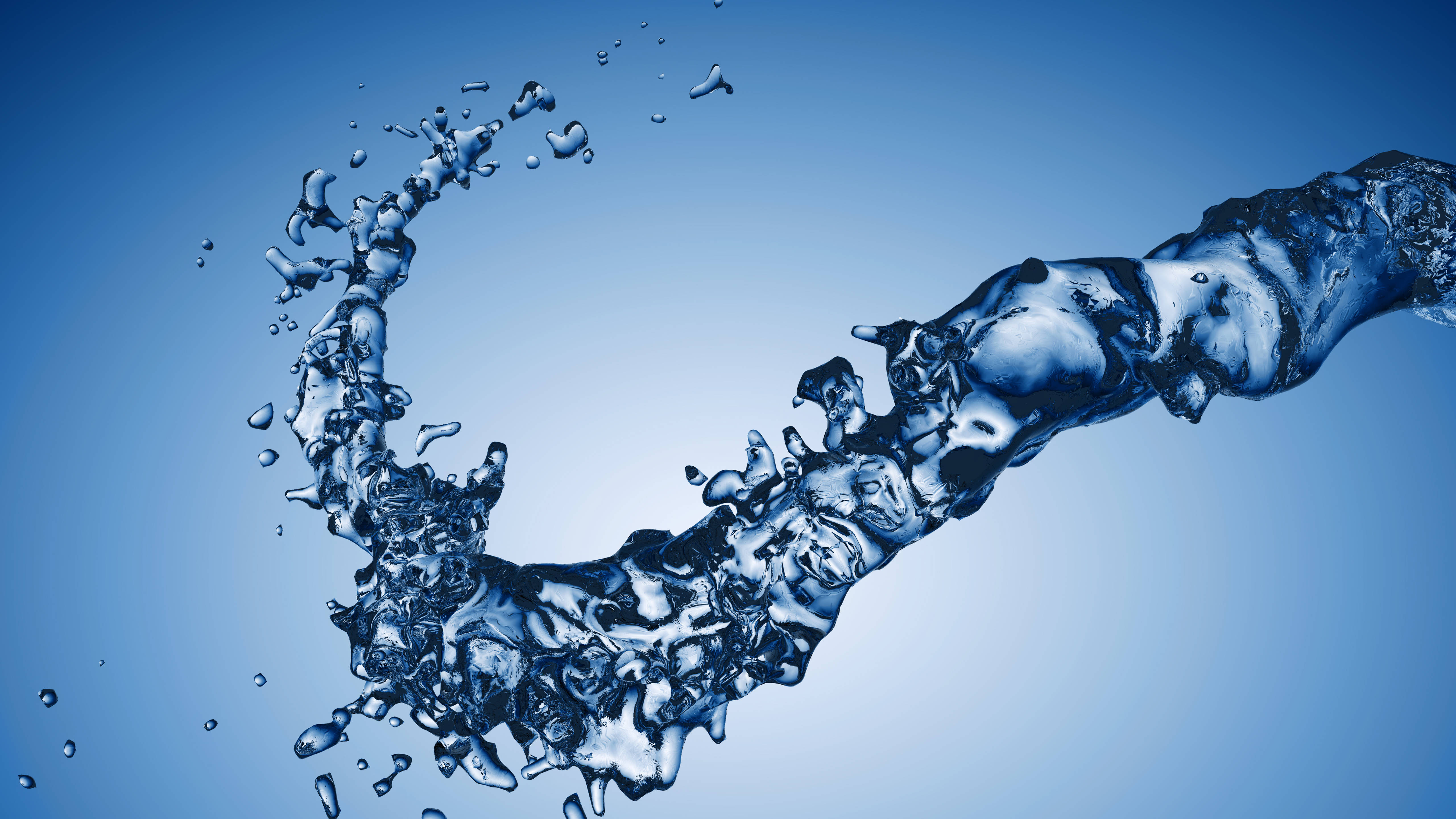 Water Splash 桌布 壁紙 — 清澈藍水的動態弧線在漸變藍色背景上飛濺，水滴在運動中懸浮。