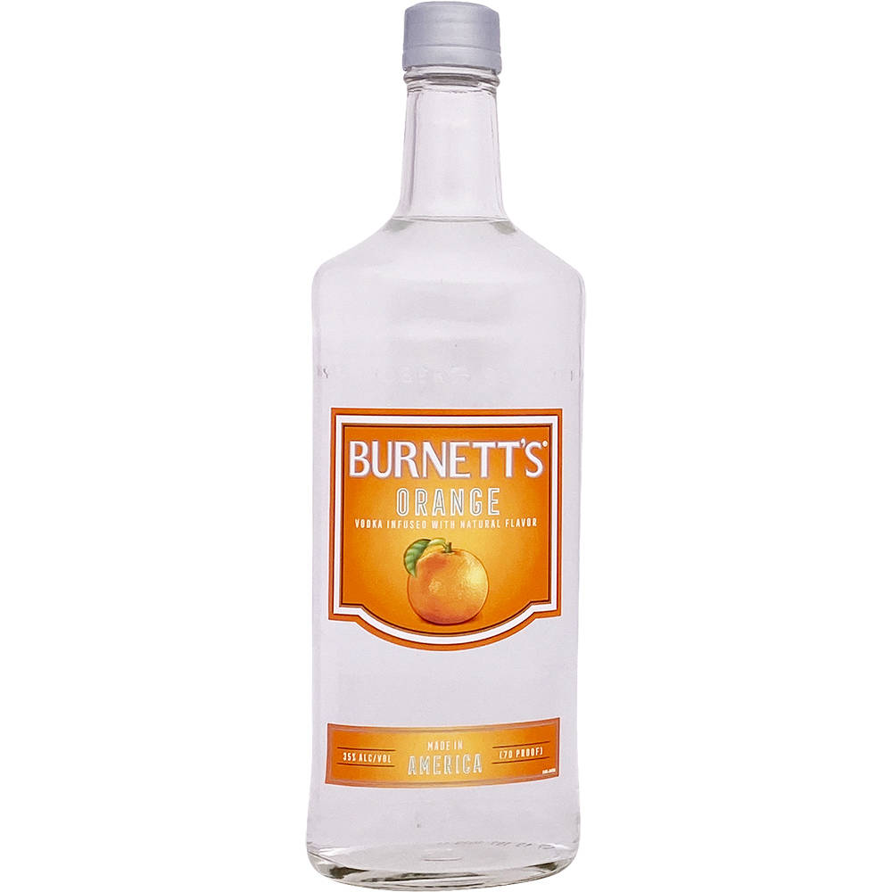 一瓶帶有橙色標籤和銀色蓋子的Burnett's Orange Vodka。