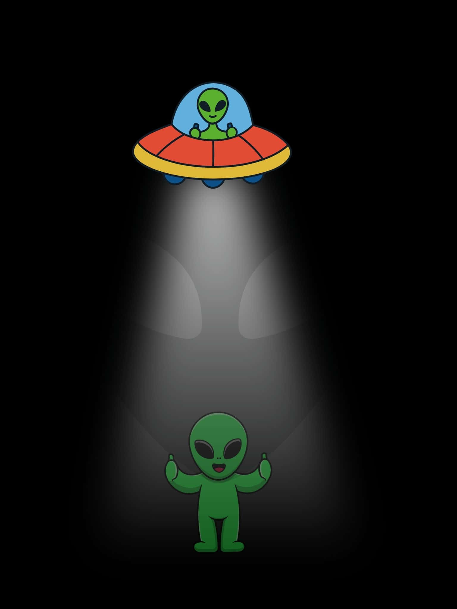 清爽即涼爽 壁紙 — 一個卡通綠色外星人在UFO中將聚光燈照在下方一個快樂的綠色外星人身上，背景為黑色。