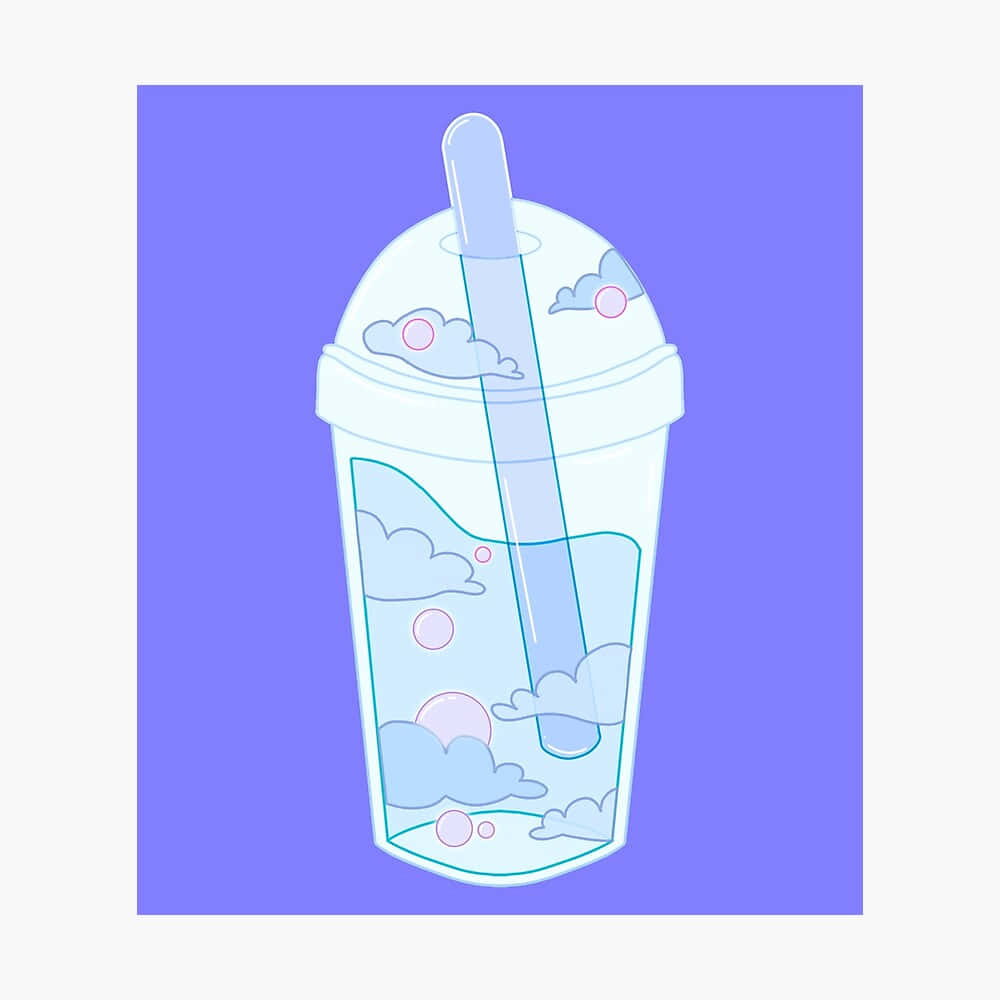 一個奇特的杯子，裡面有雲朵和泡泡，背景是薰衣草色。