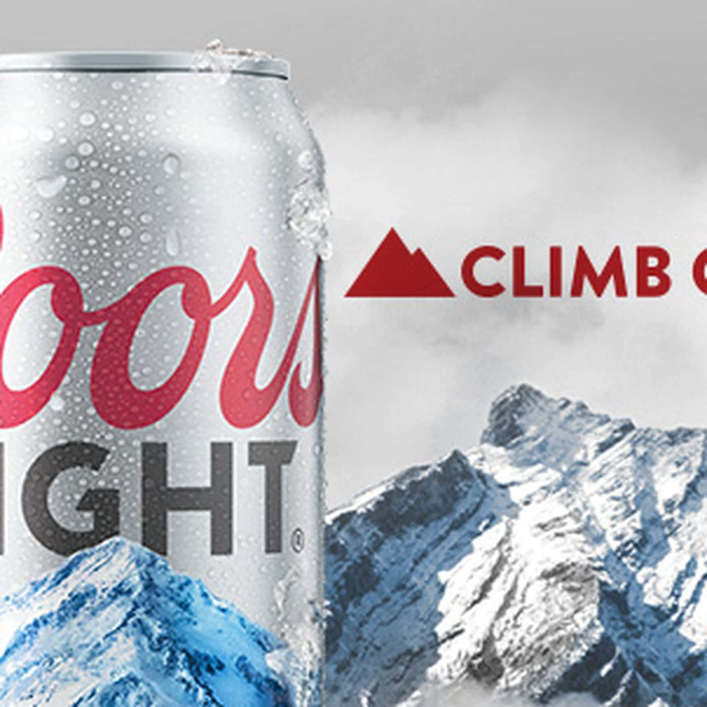 冰凍的Coors Light罐裝啤酒，山脈背景和「climb」標語。