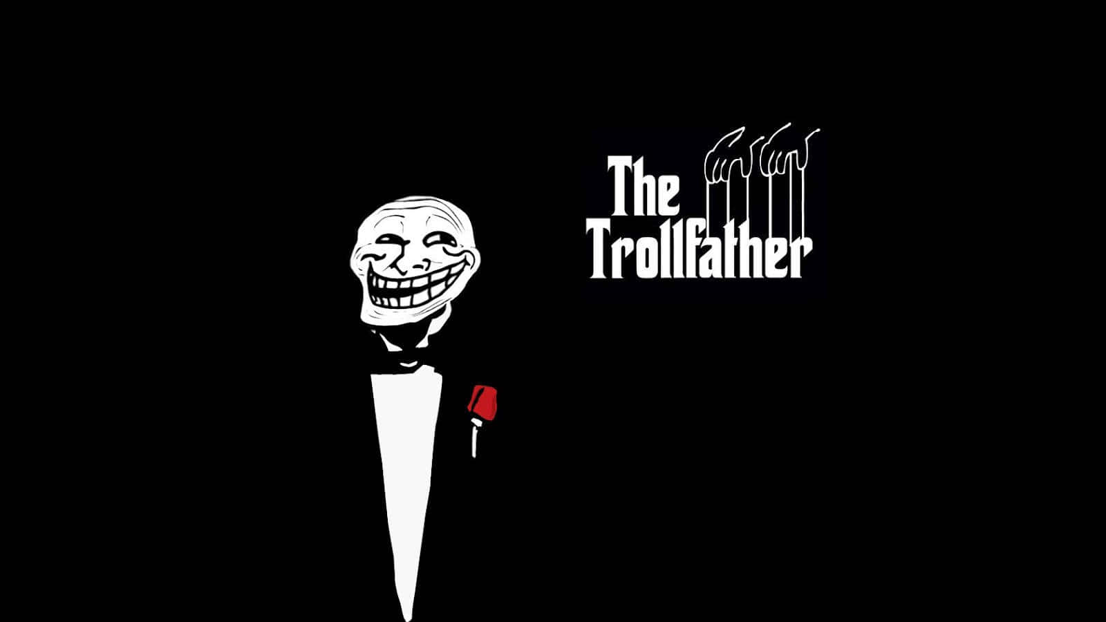 穿著燕尾服的卡通巨魔手持玫瑰，文字 The Trollfather