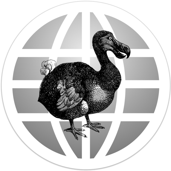 渡渡鳥全球背景插圖 壁紙 — 一隻渡渡鳥站在風格化地球儀上的詳細黑白插圖，帶有幾何陰影。