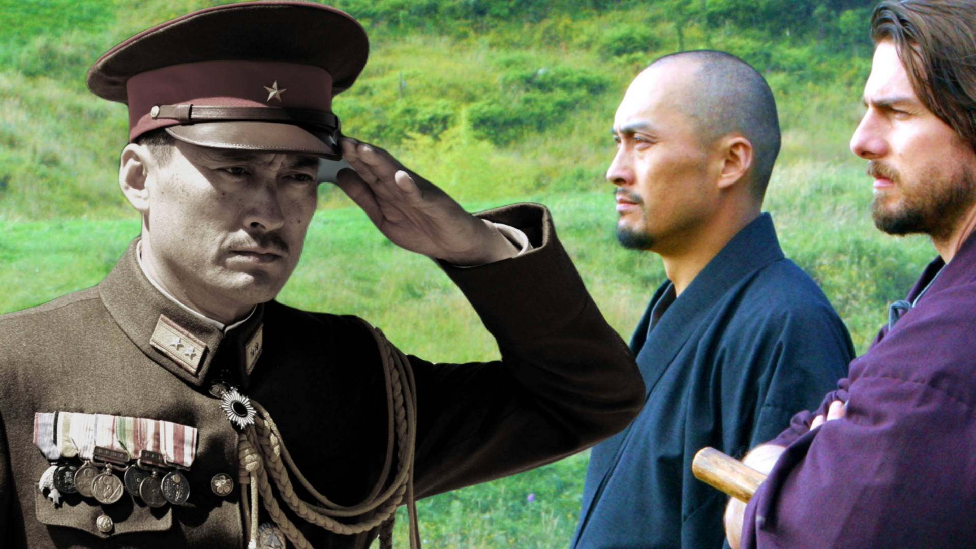 日本軍官在草地上於僧侶和鬍鬚男旁邊敬禮。