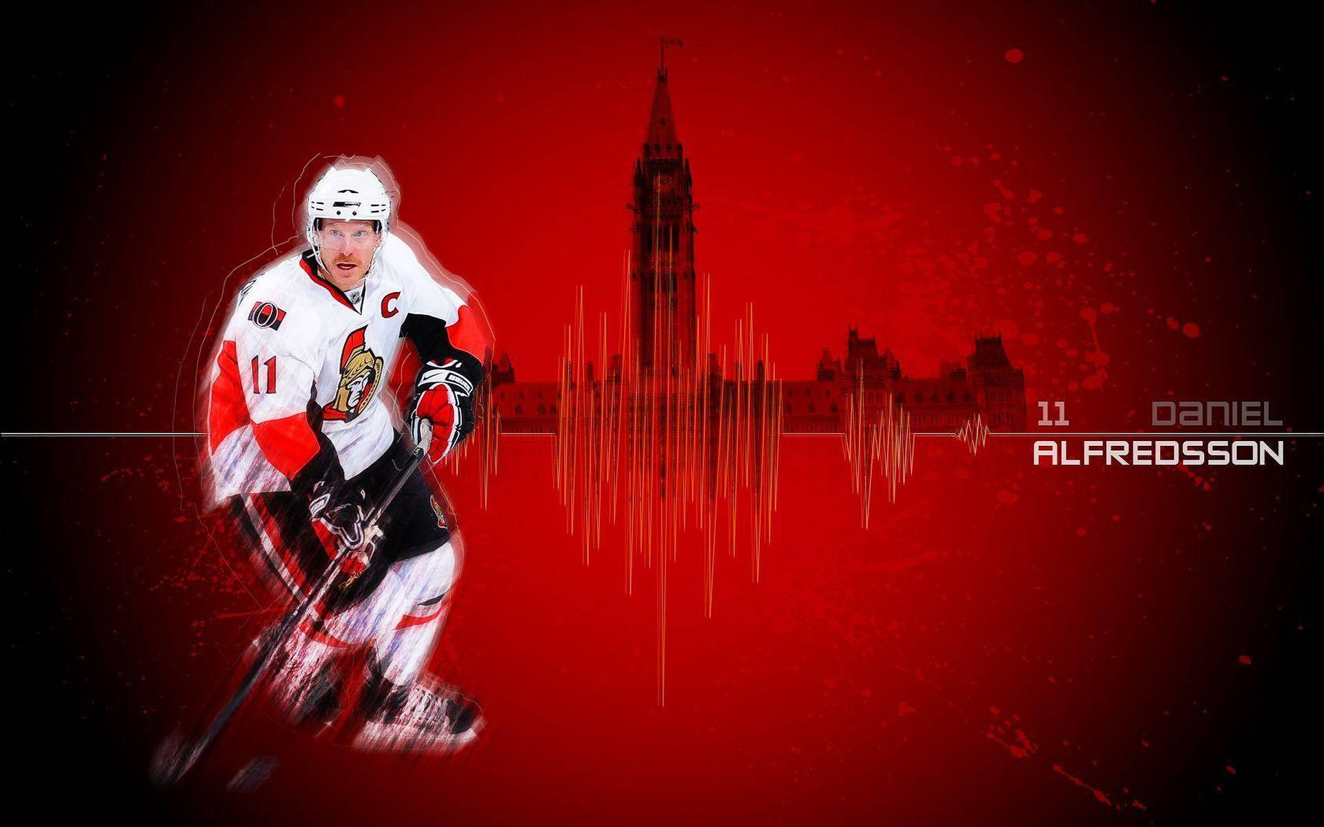 冰球運動員 Daniel Alfredsson 在行動，背景是渥太華國會山。