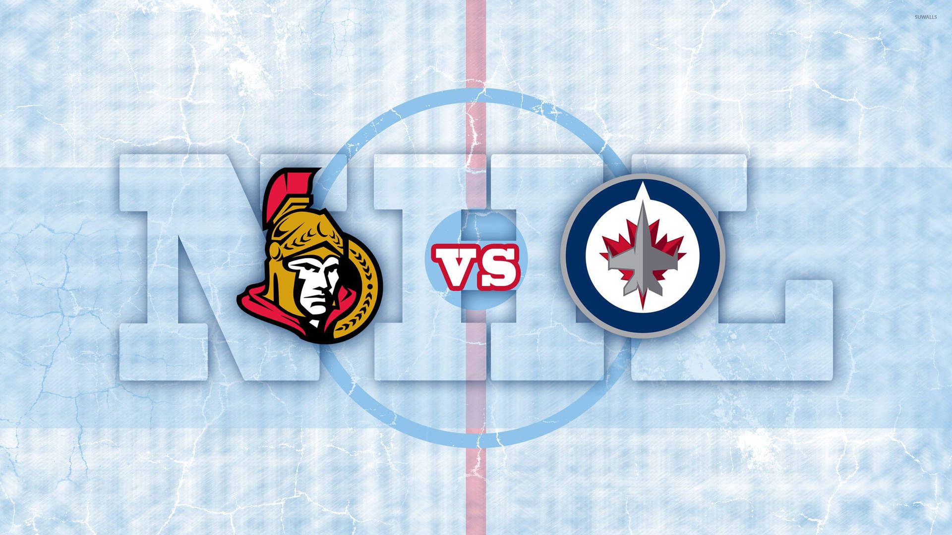 NHL 冰球對戰：渥太華參議員隊對溫尼伯噴射機隊，背景為裂冰紋理。