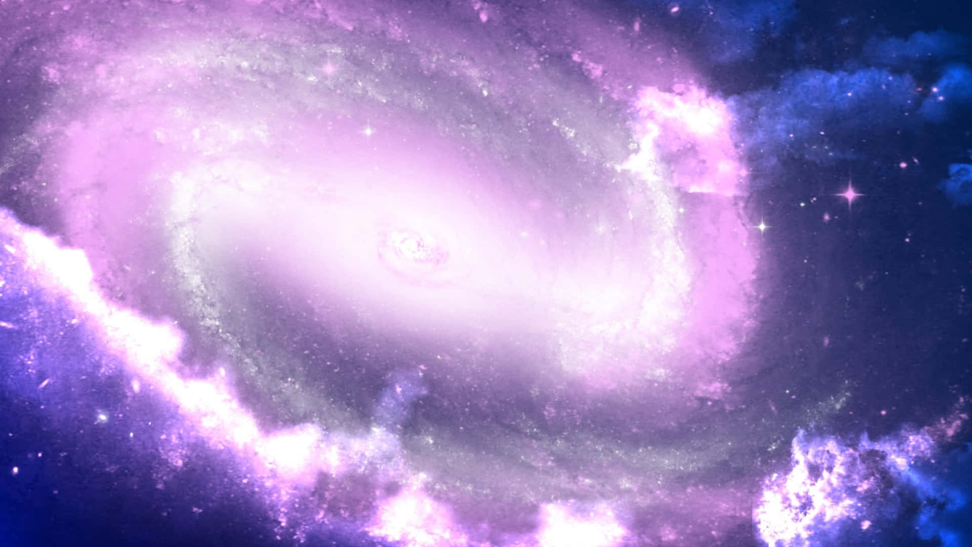 一個發光的螺旋星系，帶有紫色和藍色色調，被星星包圍。