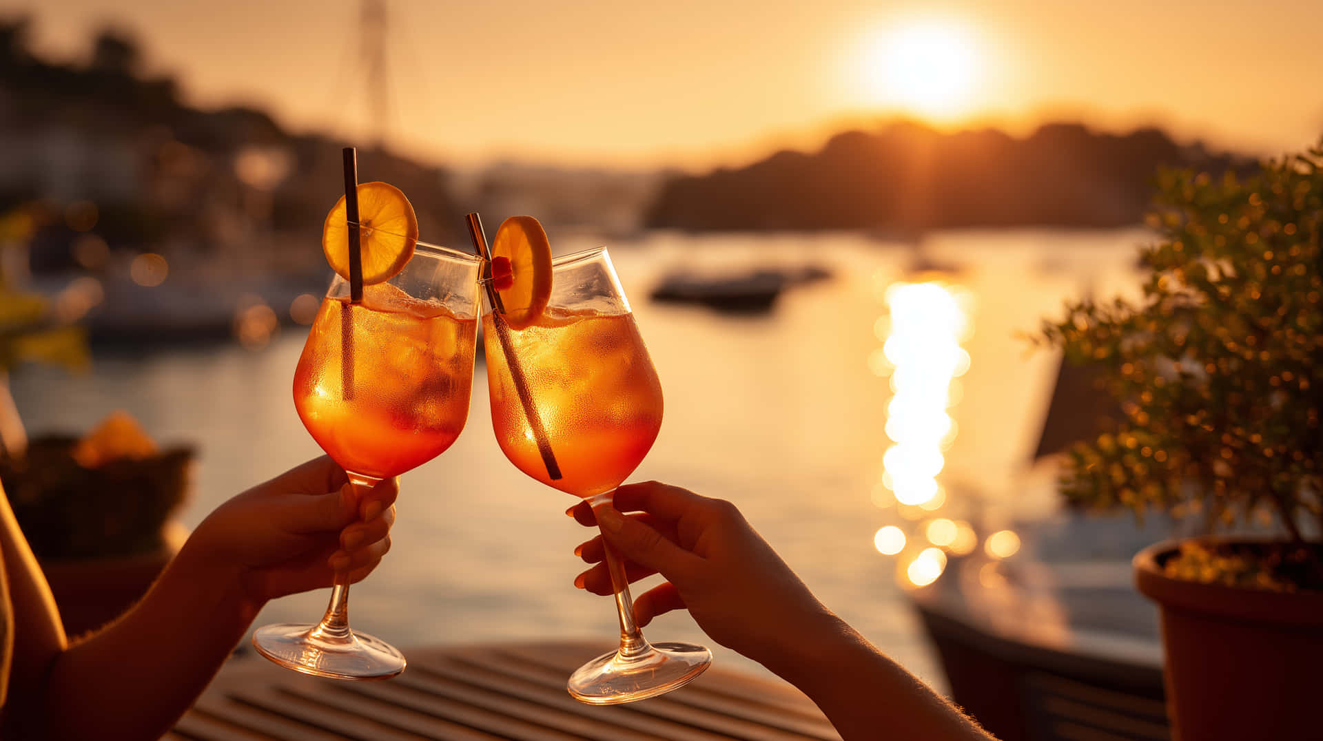 兩隻手在水邊夕陽下以橙色雞尾酒乾杯