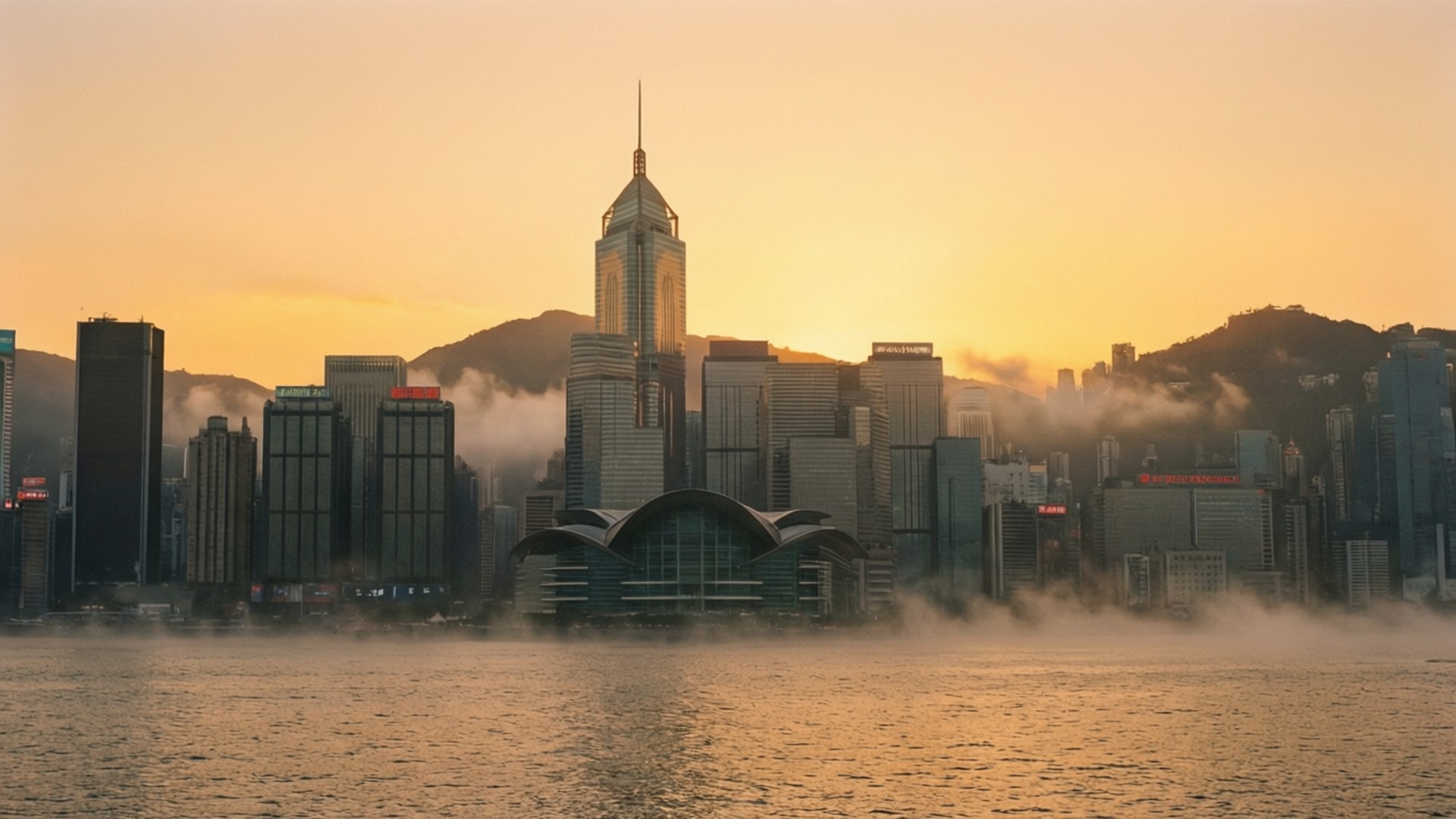 海港晨曦 壁紙 — 金色日出以溫暖光線沐浴香港天際線，薄霧在高聳摩天大樓之間的水面上翻滾。