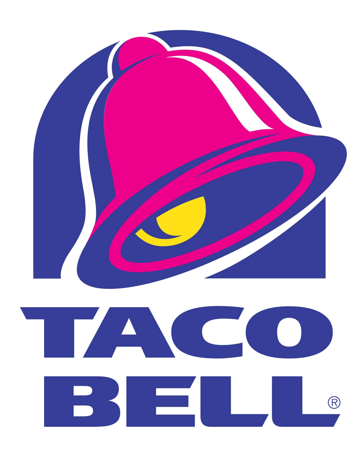Taco Bell 標誌，特色是粉紅色鐘形帶黃色新月和藍色文字。