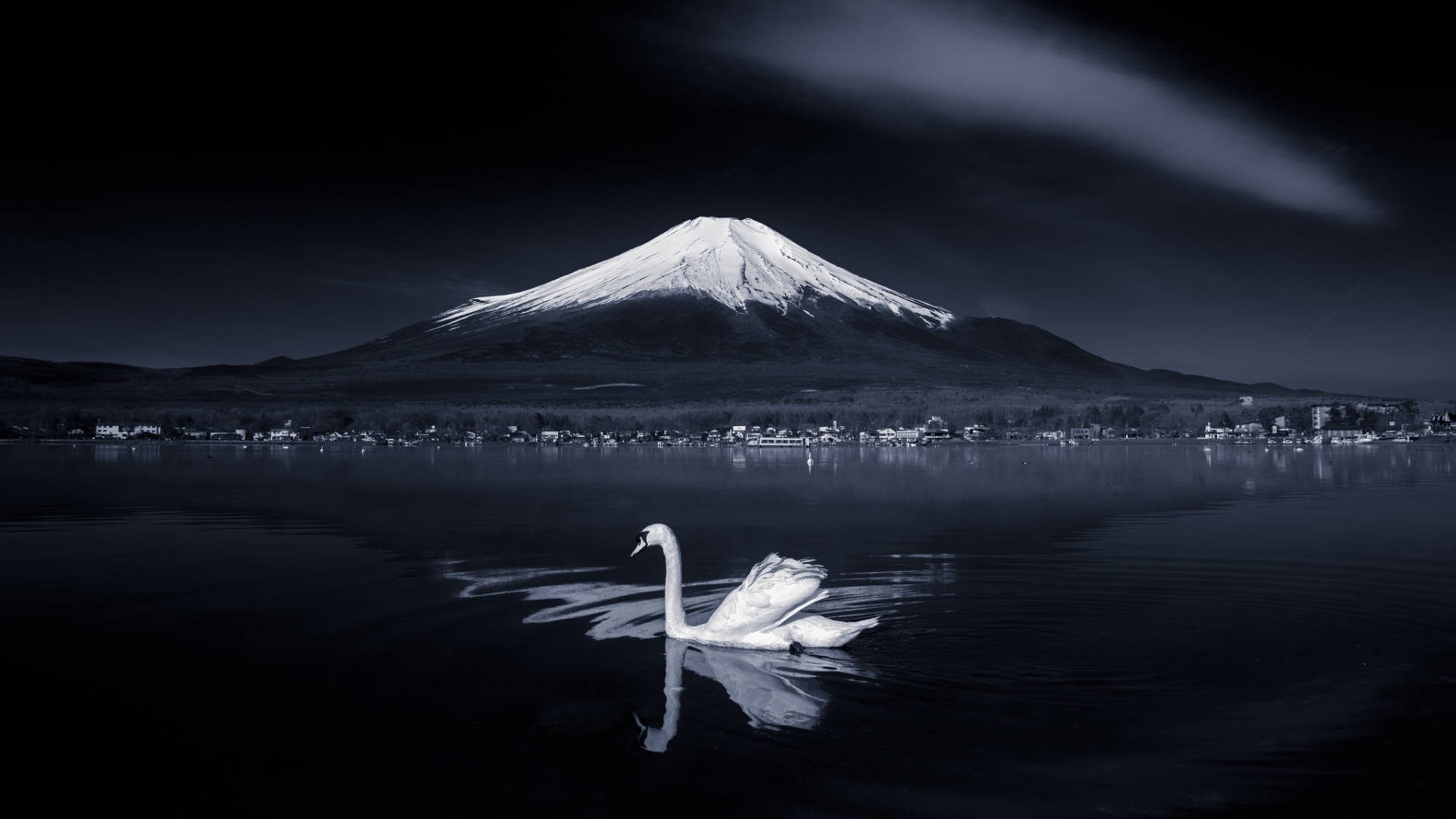 湖上白天鵝 日本自然 壁紙 — 一隻孤獨的天鵝在黑暗的湖面上滑行，下方是富士山白雪覆蓋的輪廓，上方是陰鬱的夜空。