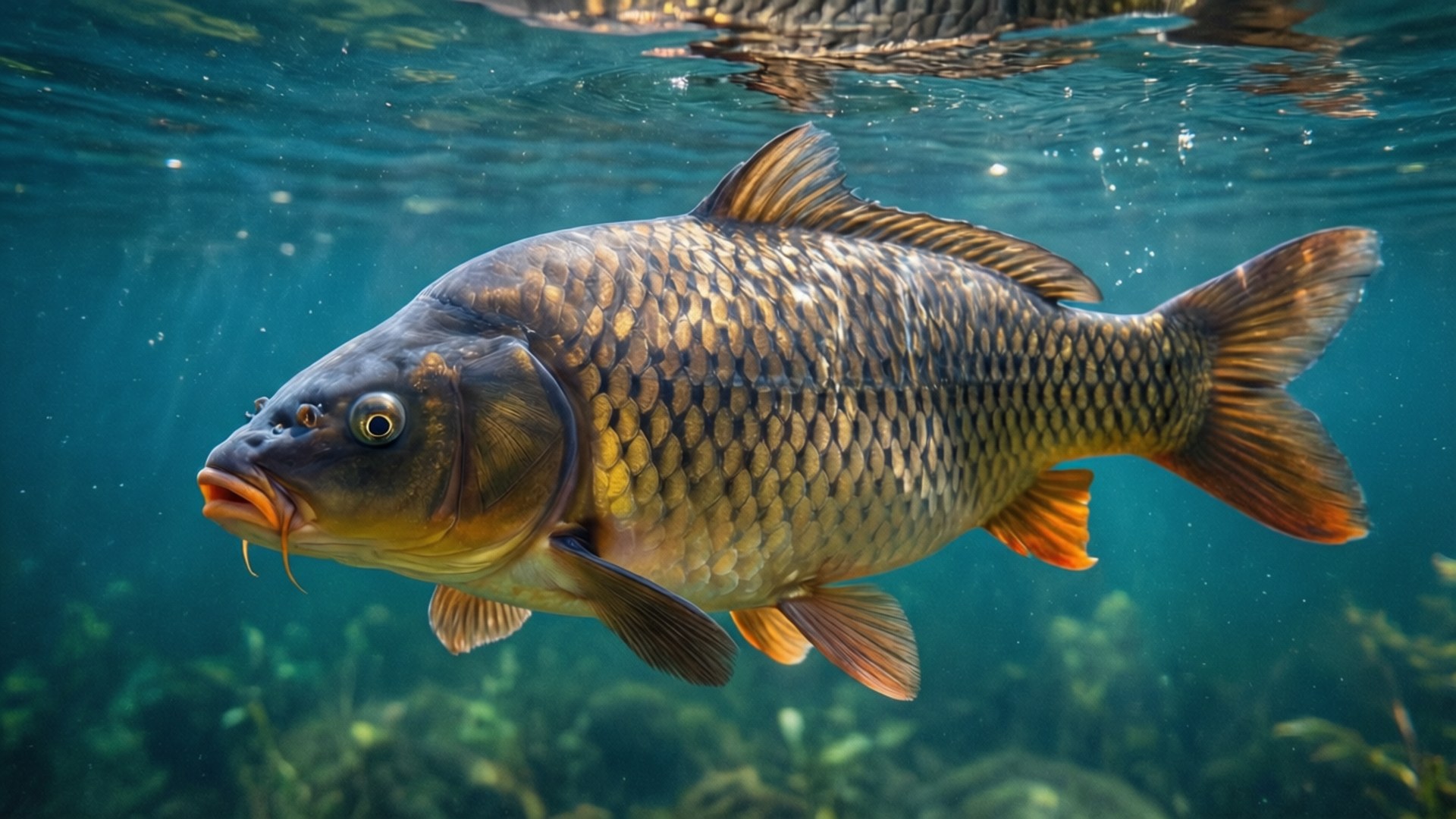湖中優雅的鯉魚 壁紙 — 一條大鯉魚在水中優雅地游動，陽光從水面過濾而下。