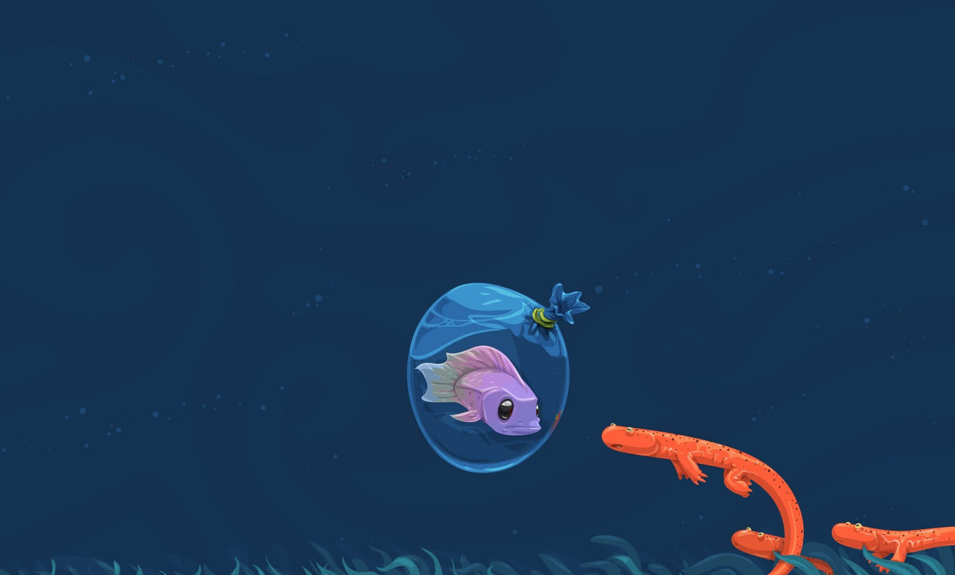 水下玻璃泡泡中的紫色魚靠近橙色海洋生物