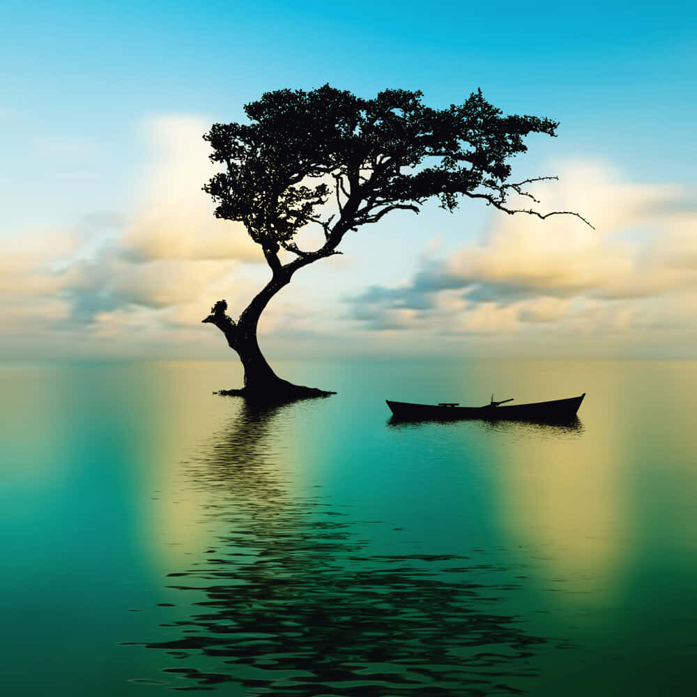 湖中樹影剪影 壁紙 — 一棵孤獨的樹矗立在平靜的藍綠色水中，附近有一艘小船，天空柔和金黃。