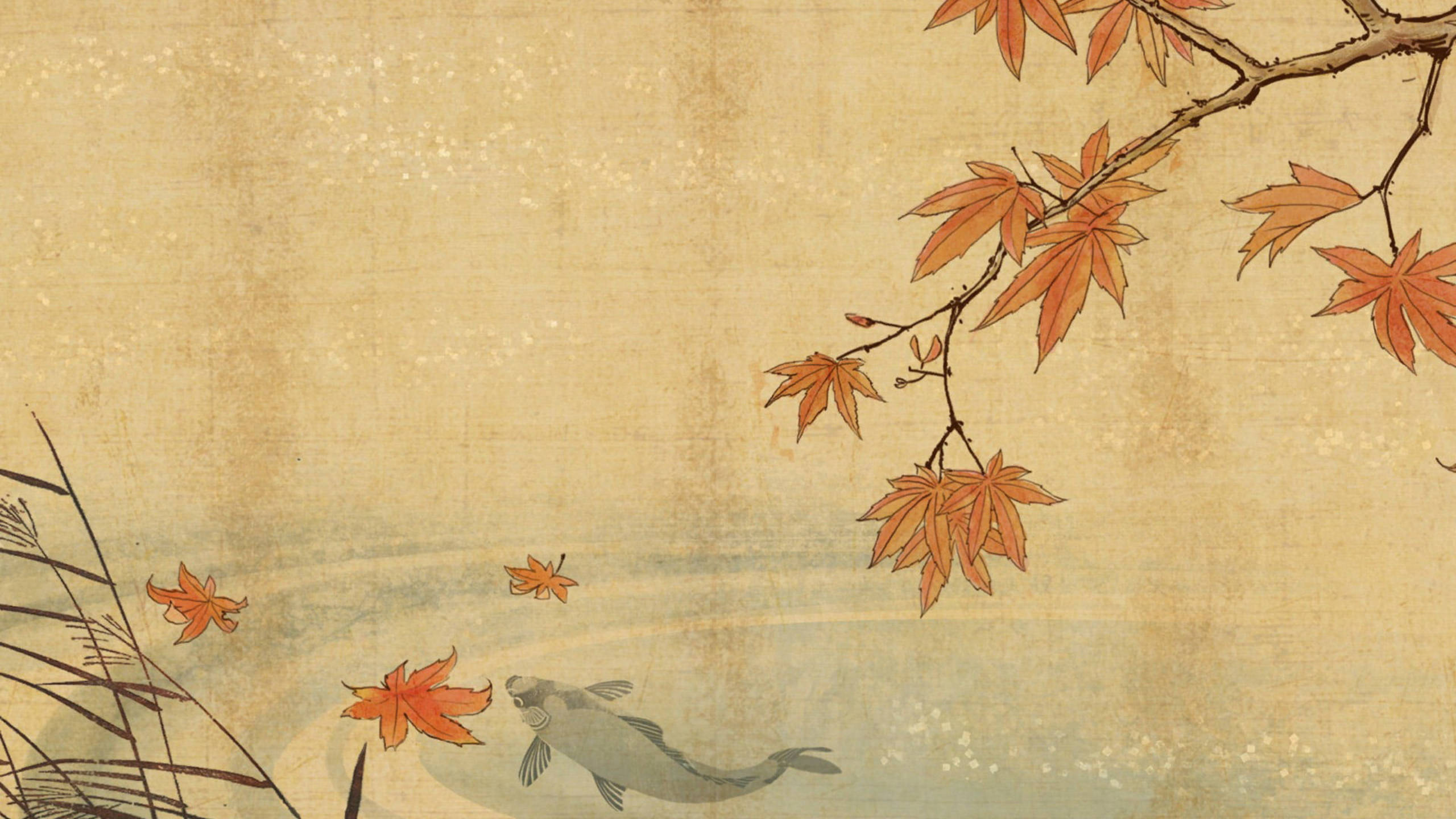 湖中魚日本繪畫 壁紙 — 一幅傳統日本畫描繪一條錦鯉在平靜水面上漂浮的秋季楓葉下游動。