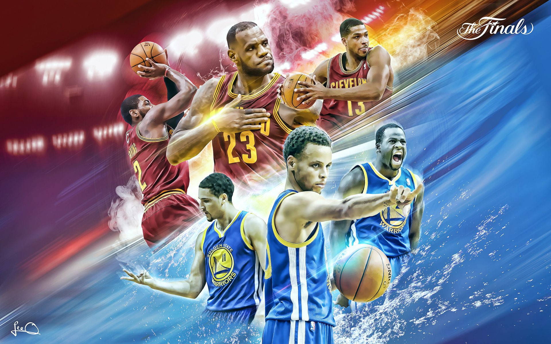 NBA 球員在總決賽中移動，伴隨著鮮豔的紅色和藍色條紋。