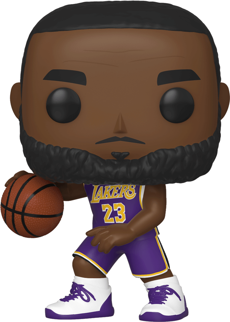 湖人隊籃球員 Funko Pop 模型 壁紙 — 一個風格化的Funko Pop LeBron James公仔，身穿湖人隊球衣，在黑色背景前手持籃球。