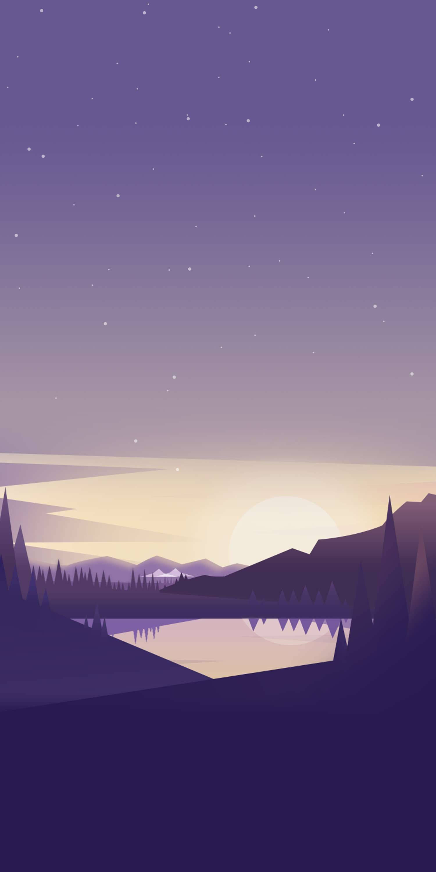 湖光山色極簡暗黑 iPhone 壁紙 — 寧靜的紫色暮色景觀，發光的太陽落在山脈上，平靜的湖泊倒映著天空。